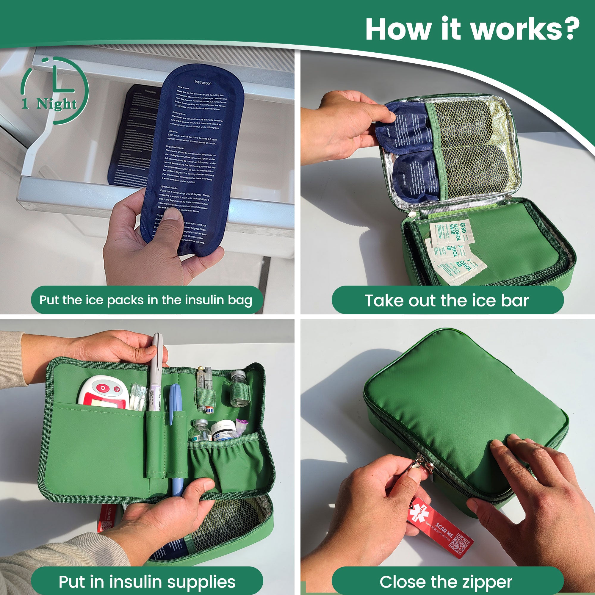 18-20H Soft Insulin Cooler Travel Bag (Green)