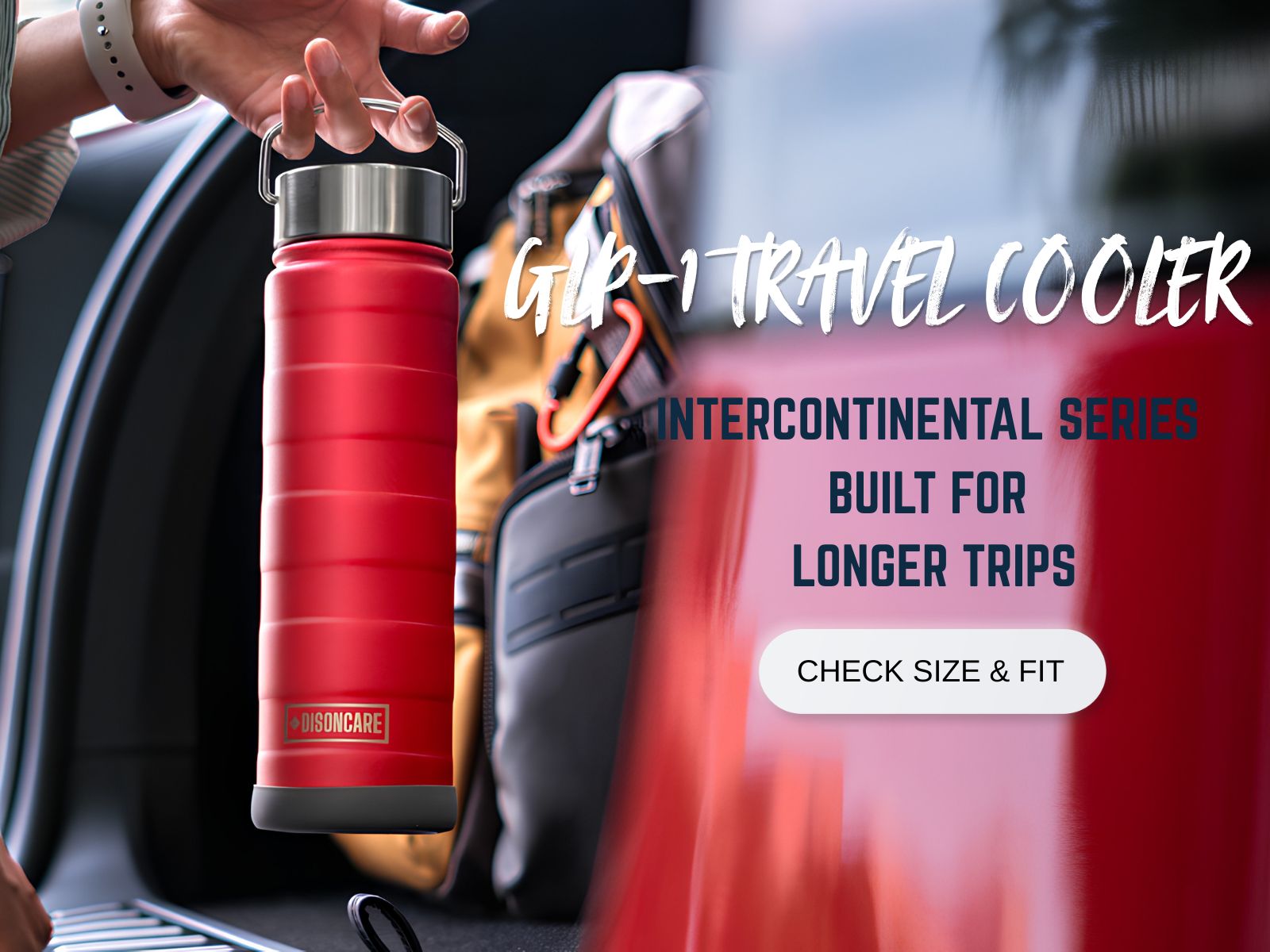 Traveler packing a navy DISONCARE Intercontinental cooler for compatible GLP-1 injection pens on a longer trip