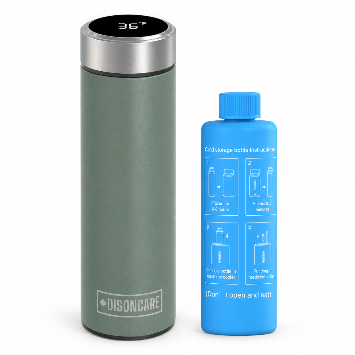 DISONCARE Odyssey Digital medication travel kit in green with extra Blue BioGel Freeze Pack